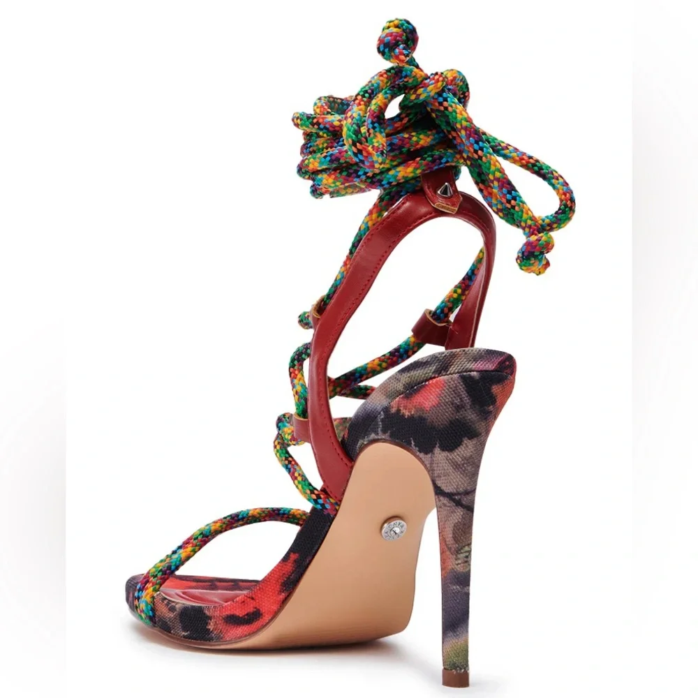 Multicolor Red Strappy Rope Lace Up High Heel Sandals